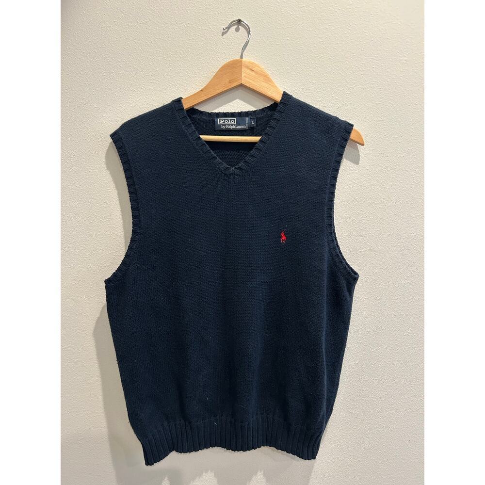 Vintage Polo Ralph Lauren 100% Cotton Navy sweater Vest sz L preppy